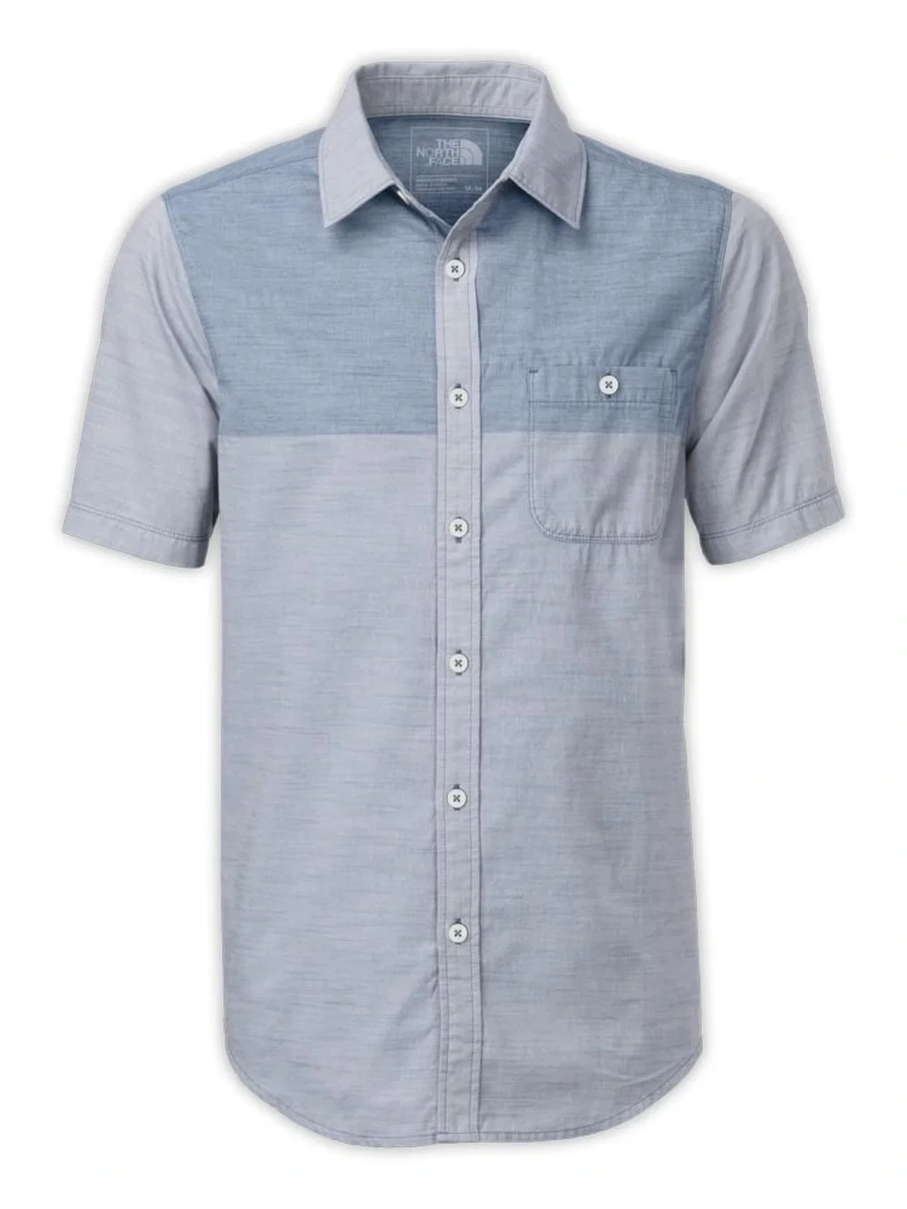 The North Face Block Me Short Sleeve Button Down Shirt Men M Blue Chambray
